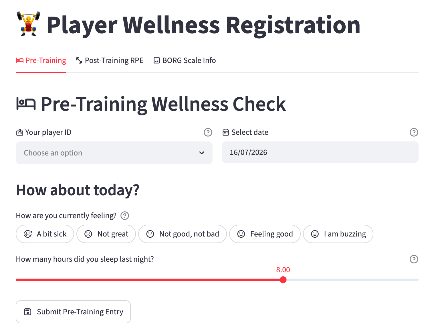 Pre-training wellness check-in screen
